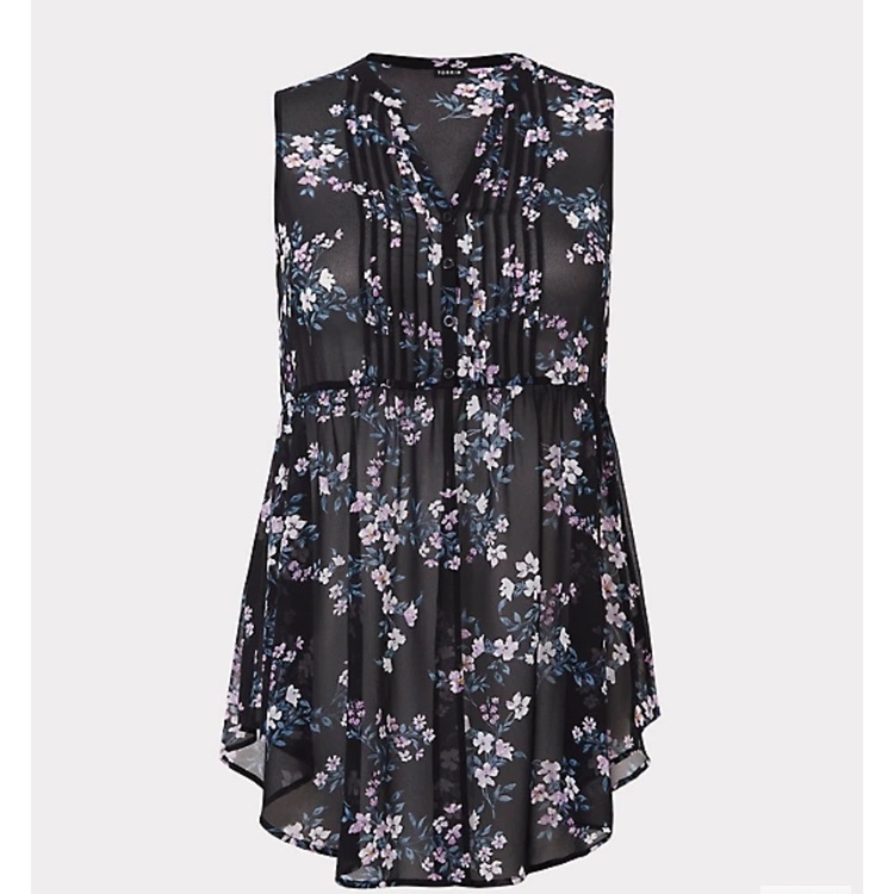 Torrid Black Floral Chiffon Pintuck Tunic Tank Size 1